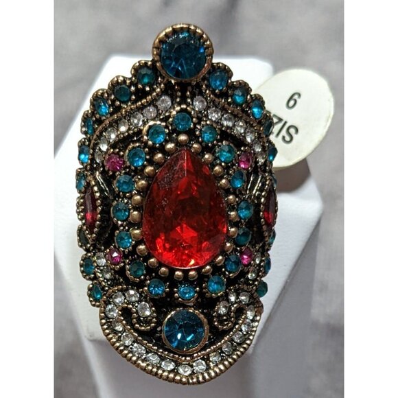 Bohemian Glam Red And Blue Gemmed Cocktail Ring - Picture 6 of 7